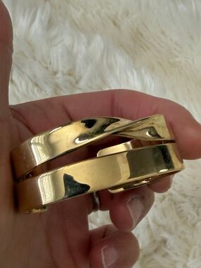 ST JOHN Designer Signed Double Stacked Twisted Gold Tone Open Cuff Bracelet